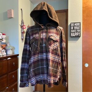 Columbia brown plaid flannel shacket with hood size XL gorpcore outdoors grunge